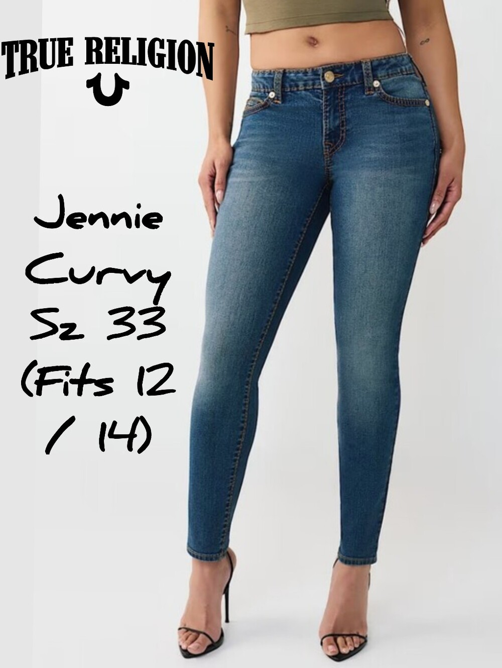 TrueReligion Curvy Fit Jennie Skinny Jeans Sz 33 (Fits 12/14) Thick Stitch